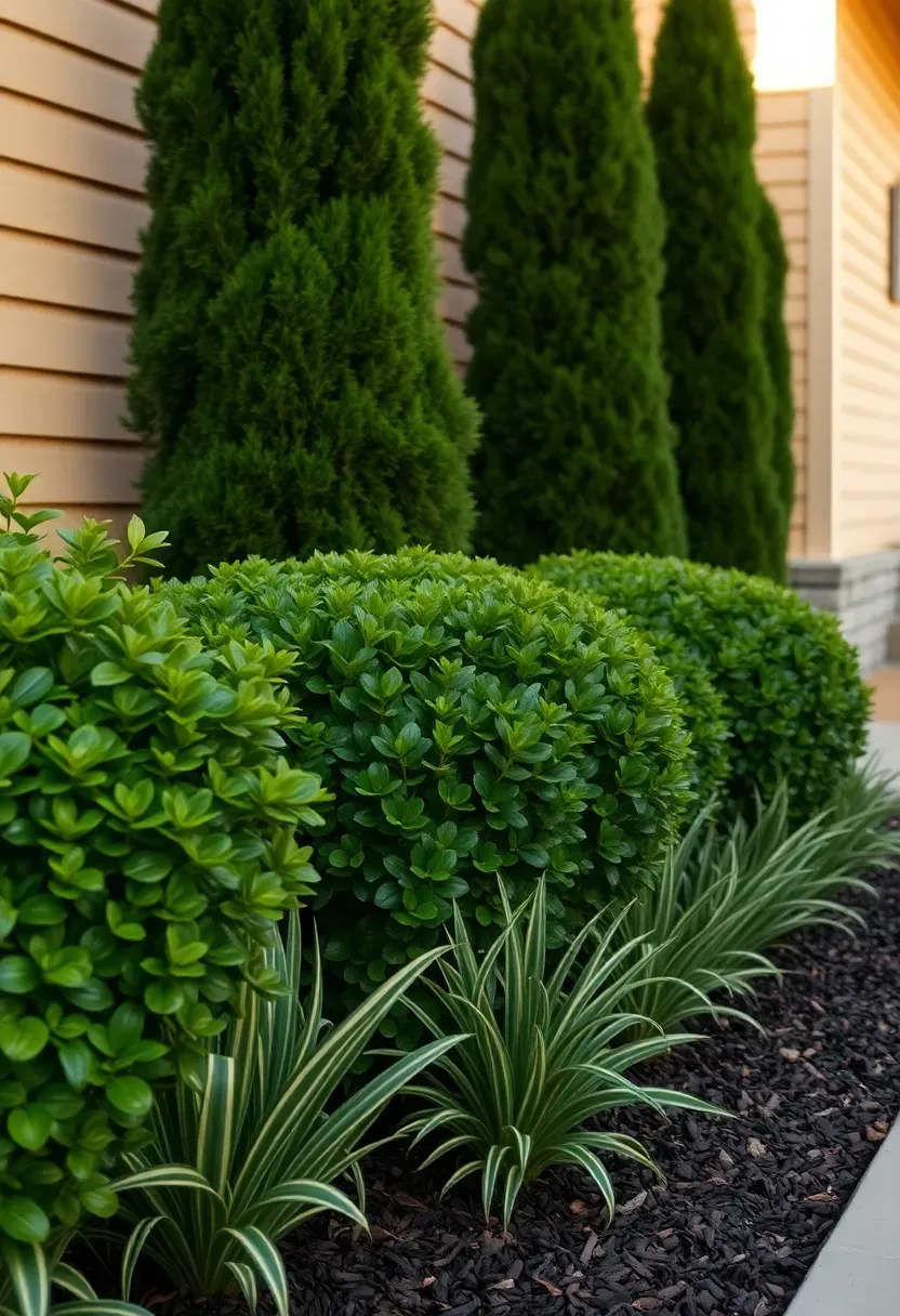 Layered foundation planting with tall arborvitae in back, medium boxwood in the middle, and low liriope along the front of a house