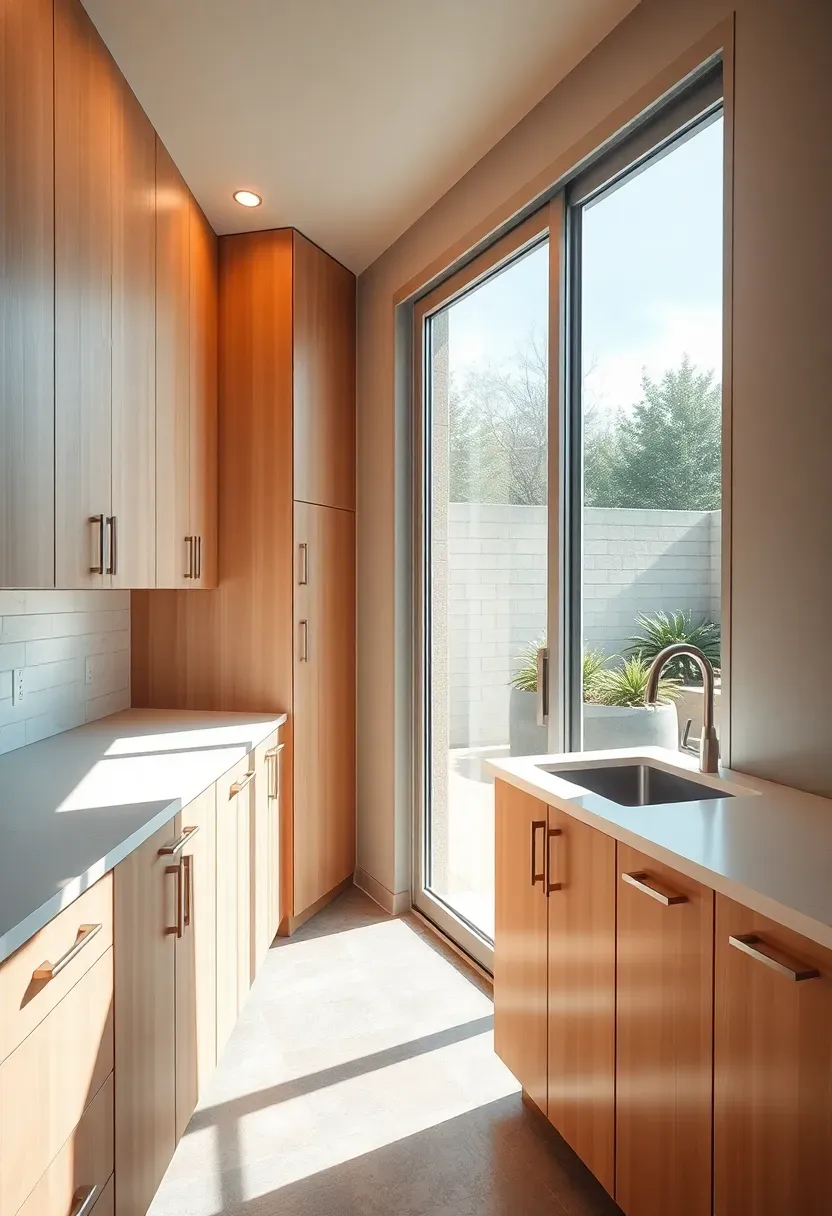 Walkout basement kitchenette near a patio door with natural light pouring in, indoor-outdoor counter flow, and weather-resistant finishes