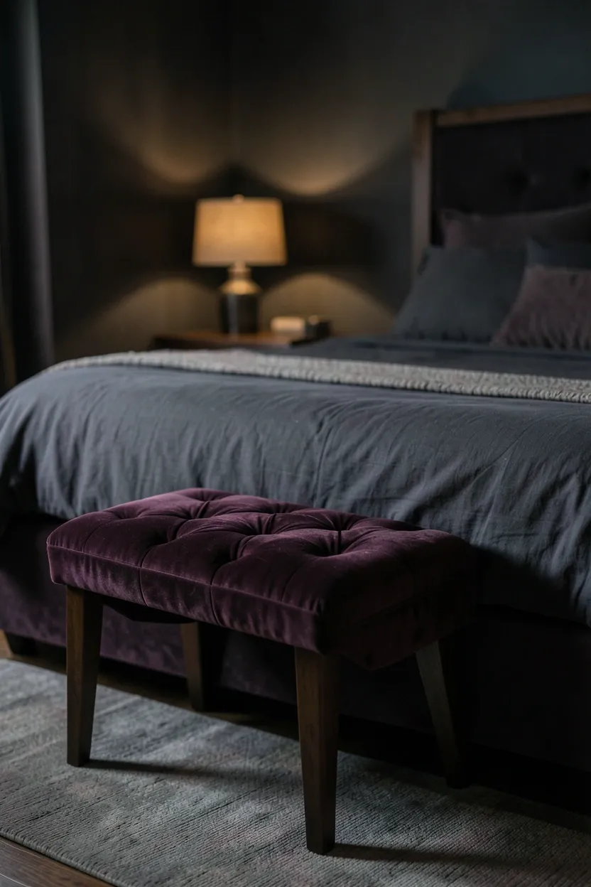 Dark boho bedroom window with black bamboo woven blinds layered under dark linen curtains for privacy and textured style