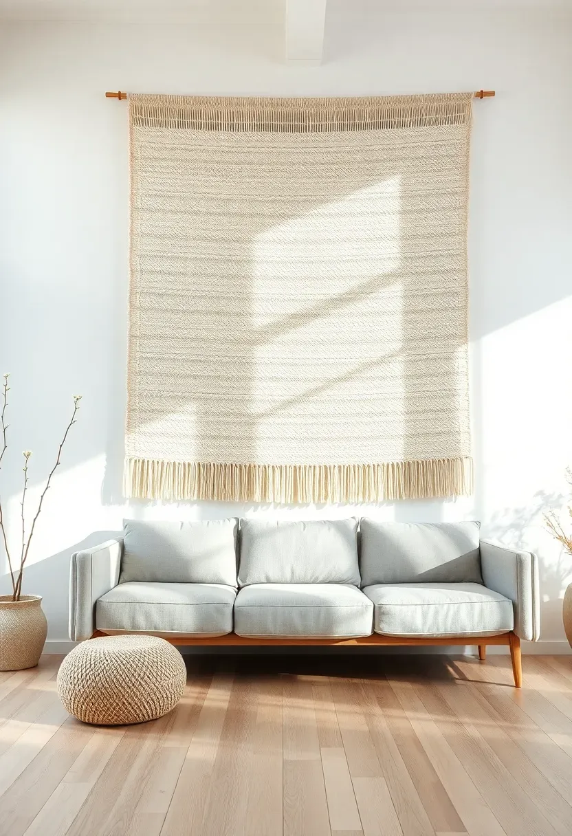 Hyper-realistic 3/4 view of a serene Nordic living room with a large textile wall hanging as the focal point, showing an abstract woven tapestry in warm neutrals—cream, beige, soft gray—mounted above a low sofa, with the textile's visible texture and weave pattern catching light. Simple room with light wood floor, white walls, minimalist furniture. Materials: handwoven wool tapestry with visible texture, light birch floor, matte walls, linen sofa in soft gray. Natural side lighting from windows creating shadows across textile texture emphasizing three-dimensional quality. Calm minimalist atmosphere with single art focal point. Shallow depth of field showing textile art foreground with seating and room context beyond. No text, no logos, no watermarks.</p>