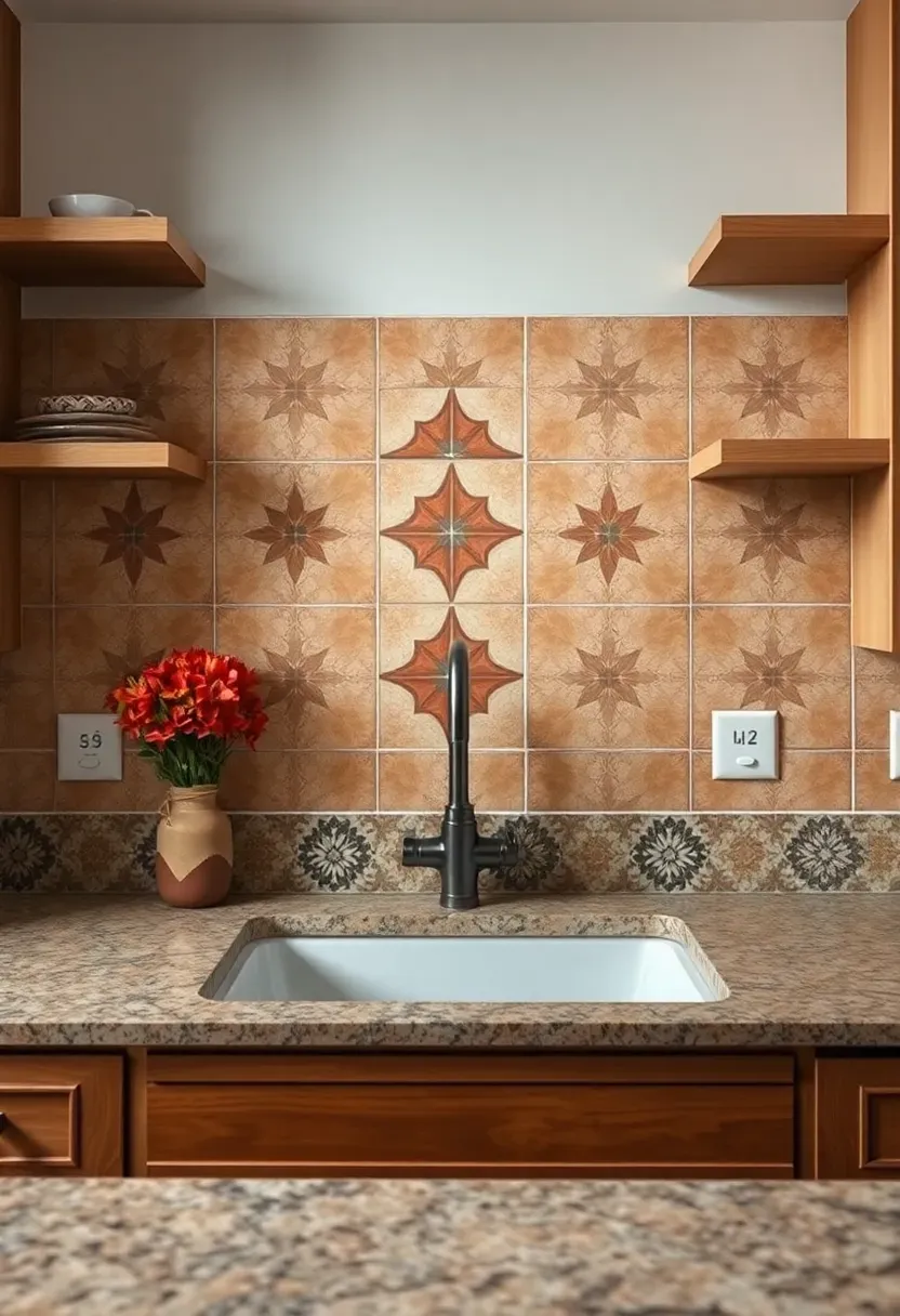 patterned cement tile in earth tones with geometric motif as kitchen backsplash behind sink with fantasy brown granite