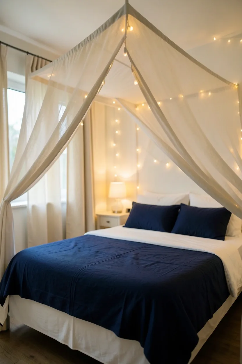 Velvet Blue Bed with Cream Surrounds