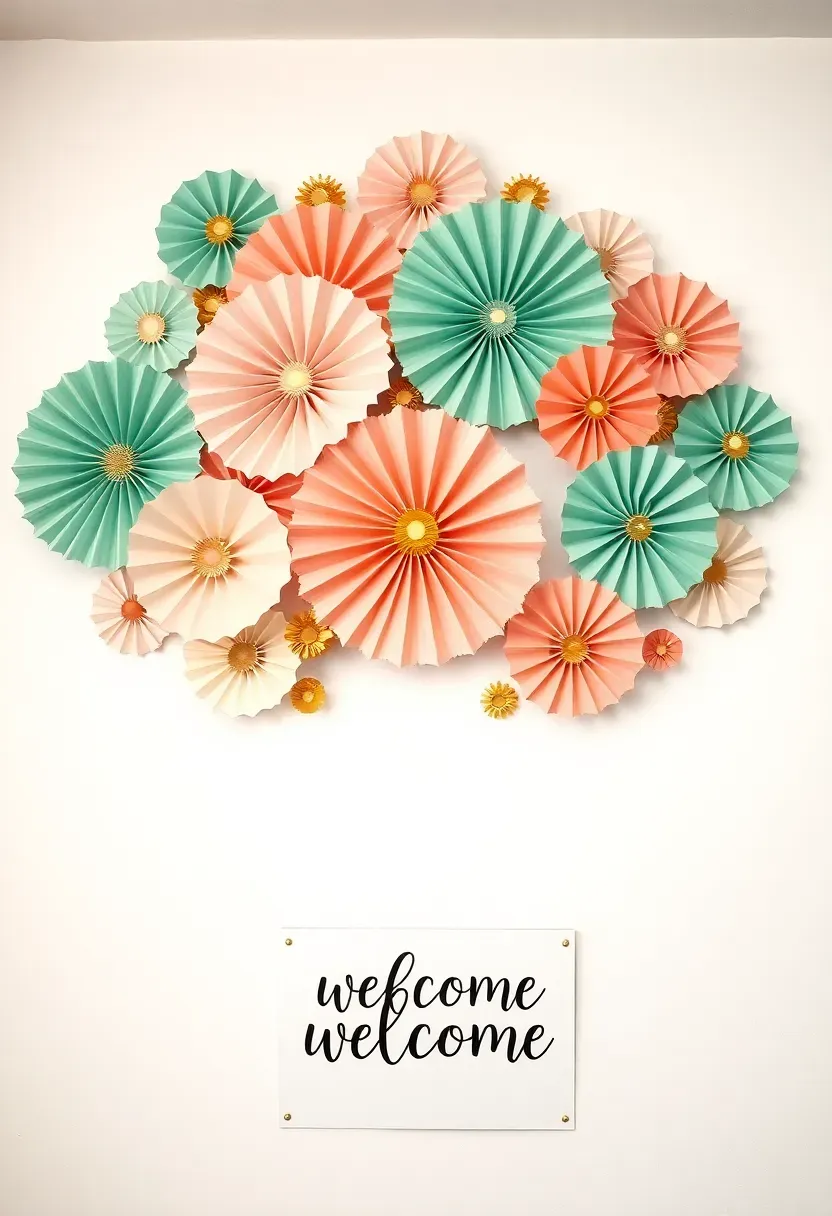 colorful paper fan rosette wall display in mint green coral and cream arranged in a decorative pattern behind a baby shower welcome sign