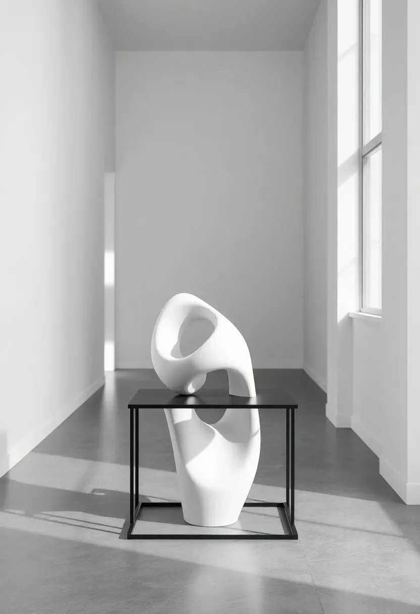 Abstract ceramic sculpture on a minimalist side table with clean white background