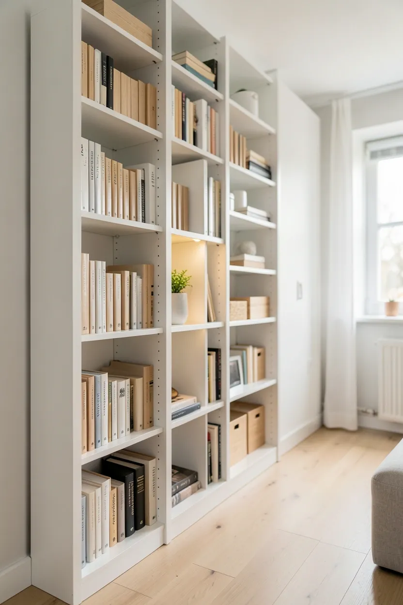 Scandinavian apartment living room with tall white bookcase and organized vertical storage along the wall
