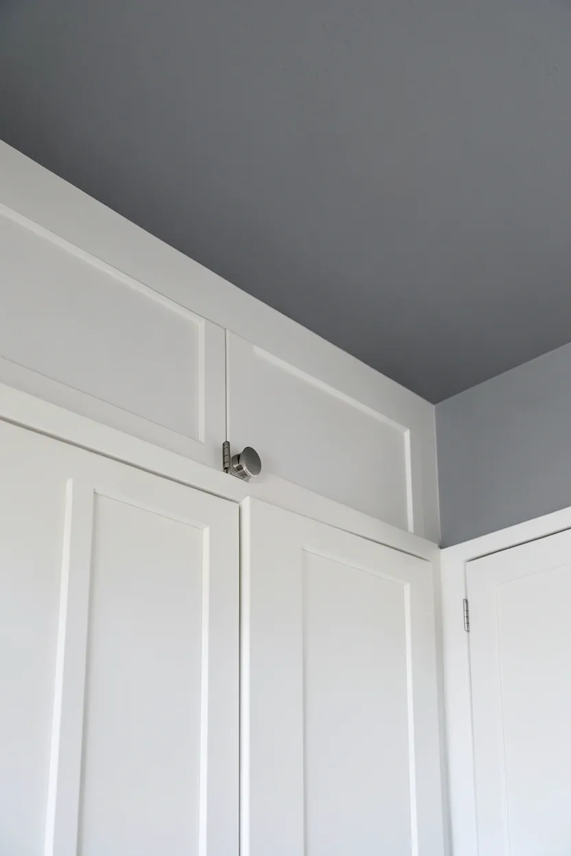 White kitchen cabinets with a soft gray ceiling creating an intimate cohesive look in a high-ceilinged rental apartment