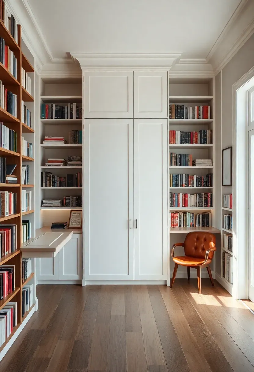 Hyper-realistic 3/4 view of a library with a white Murphy bed cabinet closed against the wall, surrounded by floor-to-ceiling bookshelves. Built-in desks on either side, a leather reading chair in the corner, books arranged with some display space. When closed, the bed cabinet looks like built-in cabinetry with shelving above. Materials: white painted cabinetry, walnut shelves, leather chair. Bright natural daylight from window, clean organized mood like a multifunctional Scandinavian space. Sharp details, no visible bed hardware, no clutter.</p>