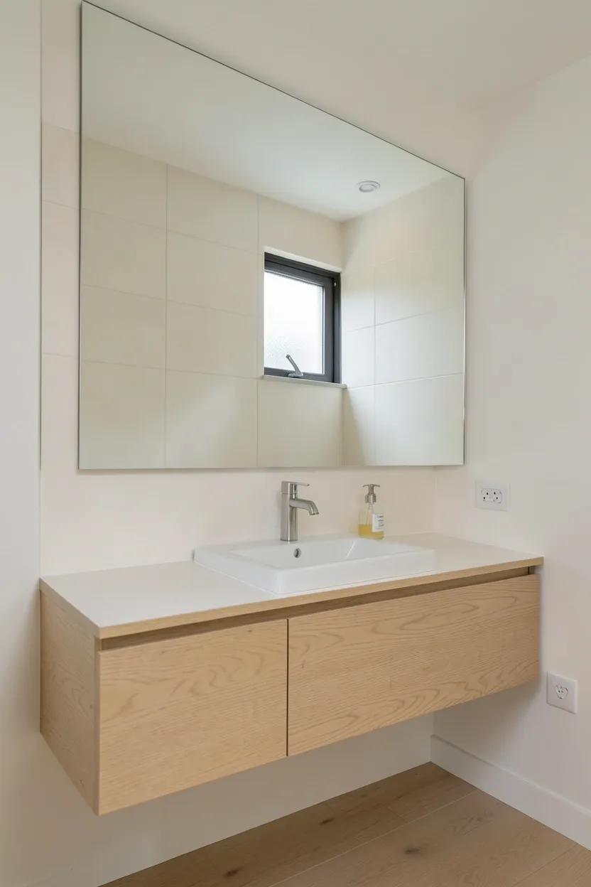 Hyper-realistic eye-level photograph of minimalist mirror wall in zen bathroom. Mirror is large rectangular frameless covering entire wall from vanity to ceiling. Reflection shows opposite wall with pale cream tiles and small window with frosted glass. Floating light oak wood vanity below mirror with white ceramic sink and brushed nickel faucet. Single glass soap dispenser on counter. Floor in light wood planks. Soft natural daylight. Materials: mirror, light oak wood, ceramic. Clean reflective mood. Sharp details on mirror reflection and vanity textures. No text, no logos, no watermarks.</p>
