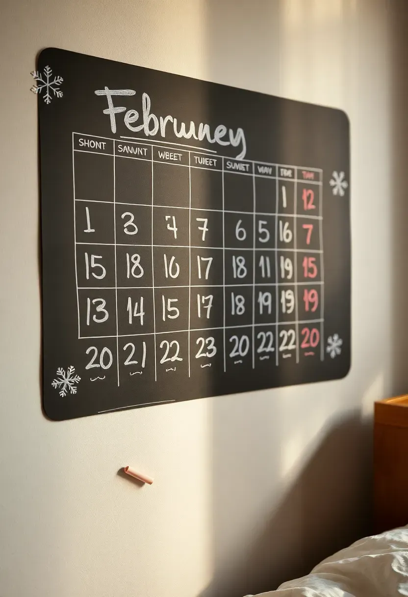 DIY chalkboard wall calendar with colorful chalk marker drawings above a teen bedroom desk, month-view layout with seasonal doodles