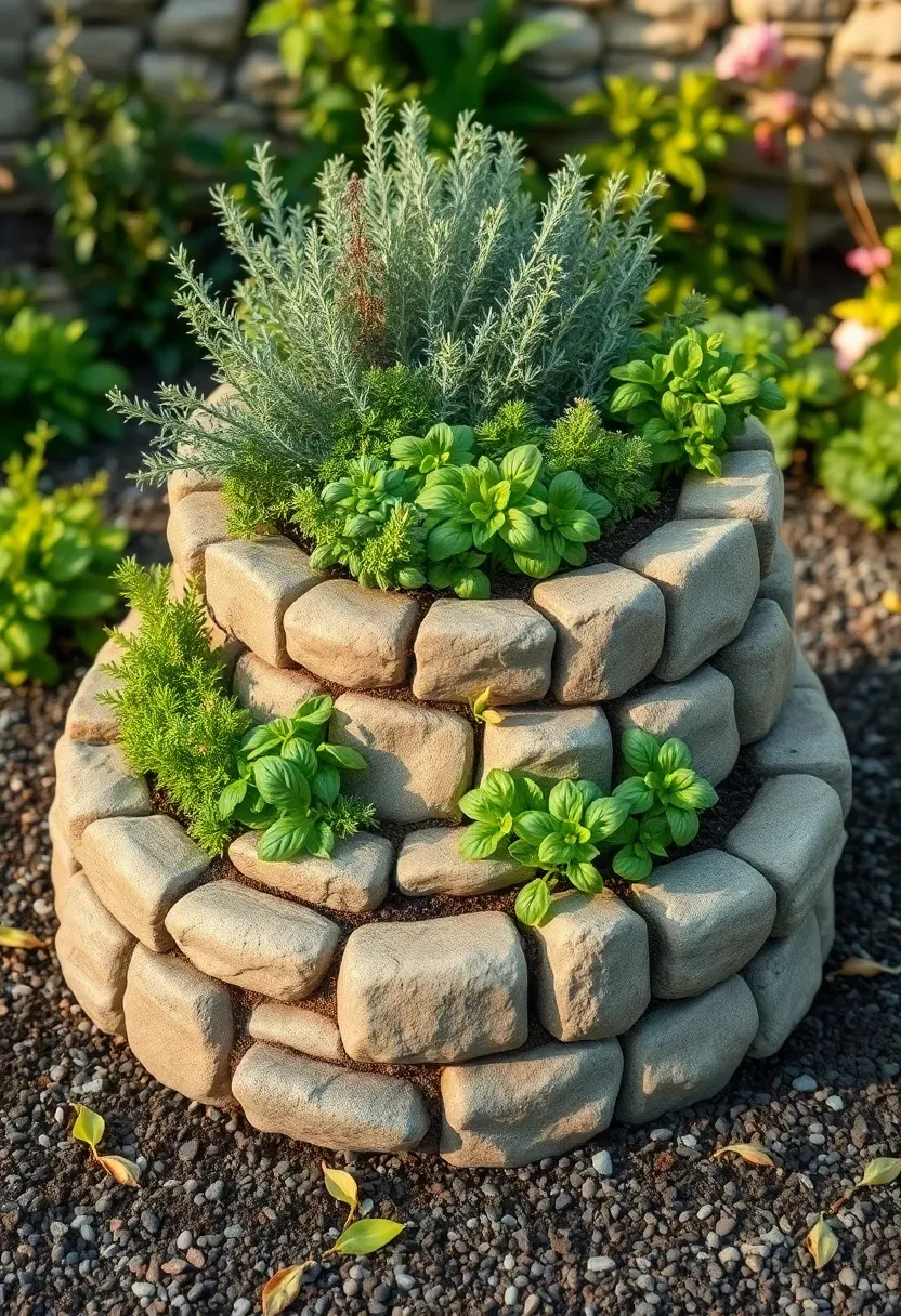 A spiral-shaped tiered herb garden built from stacked stones with rosemary, thyme, basil, and oregano growing at different levels