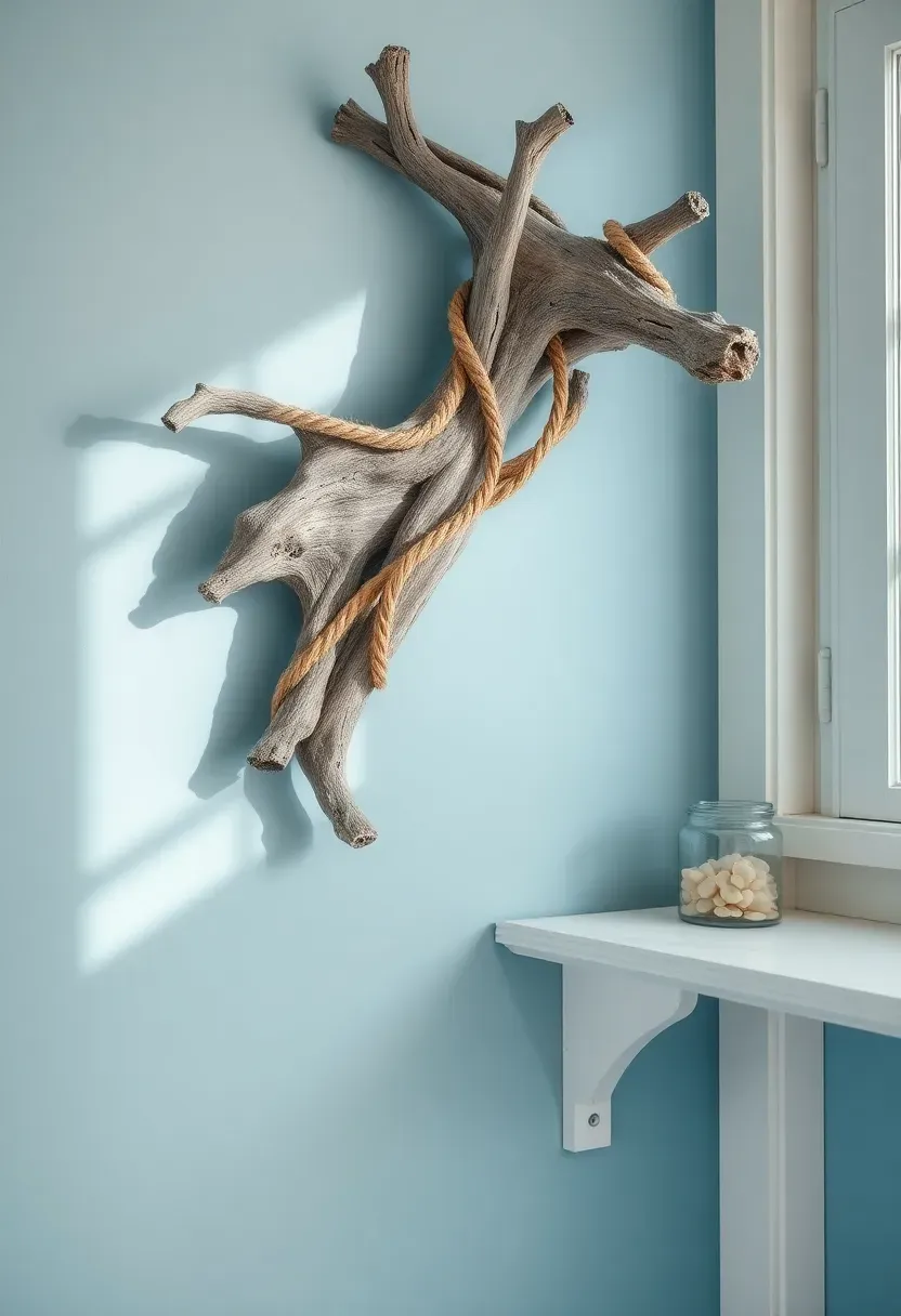 Sculptural driftwood piece with twisted rope accents mounted on a coastal bathroom wall with light blue paint