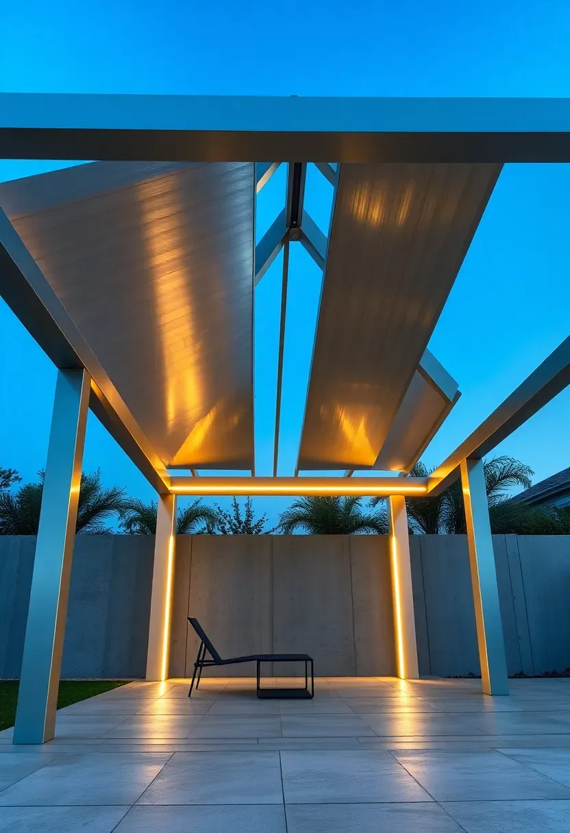 A modern gazebo with motorized louvered roof panels partially open to reveal blue sky, sleek aluminum frame, integrated LED strip lighting along the beams, on a polished concrete patio