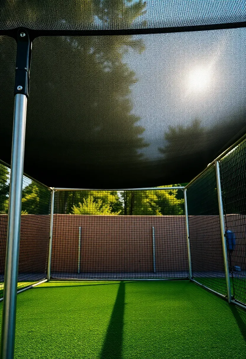 batting cage with shade canopy covering top in suburban backyard