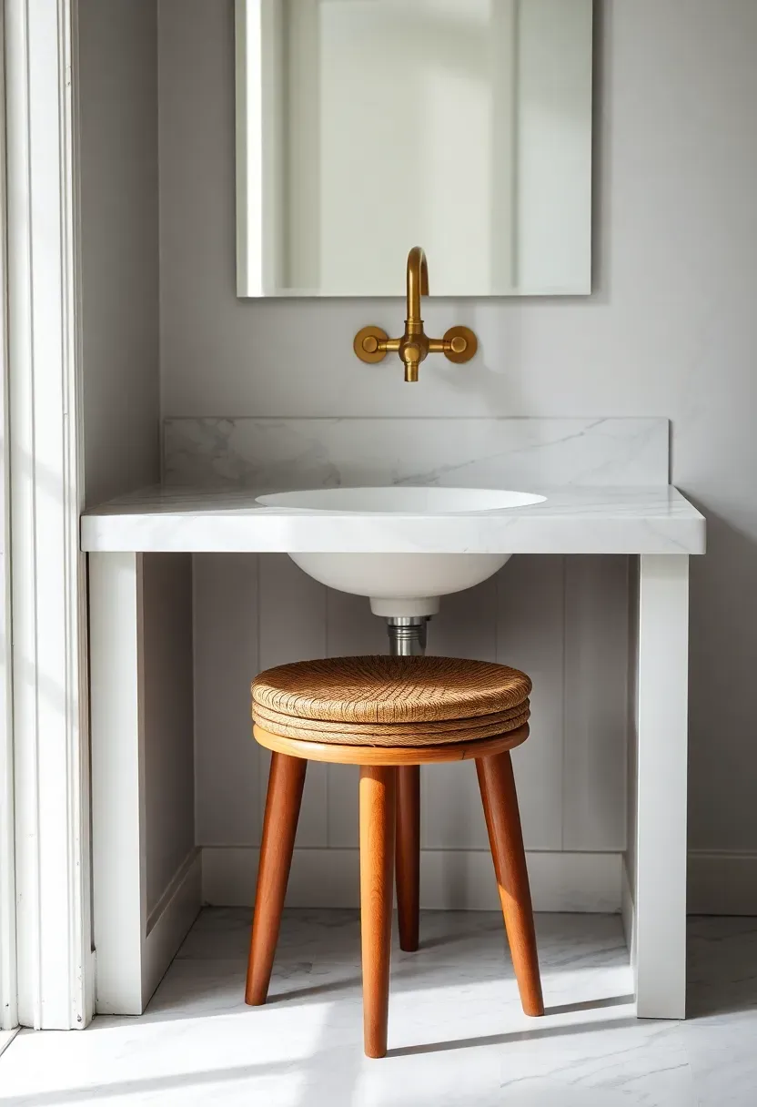 Round backless vanity stool with a woven cane seat tucked under a marble bathroom vanity