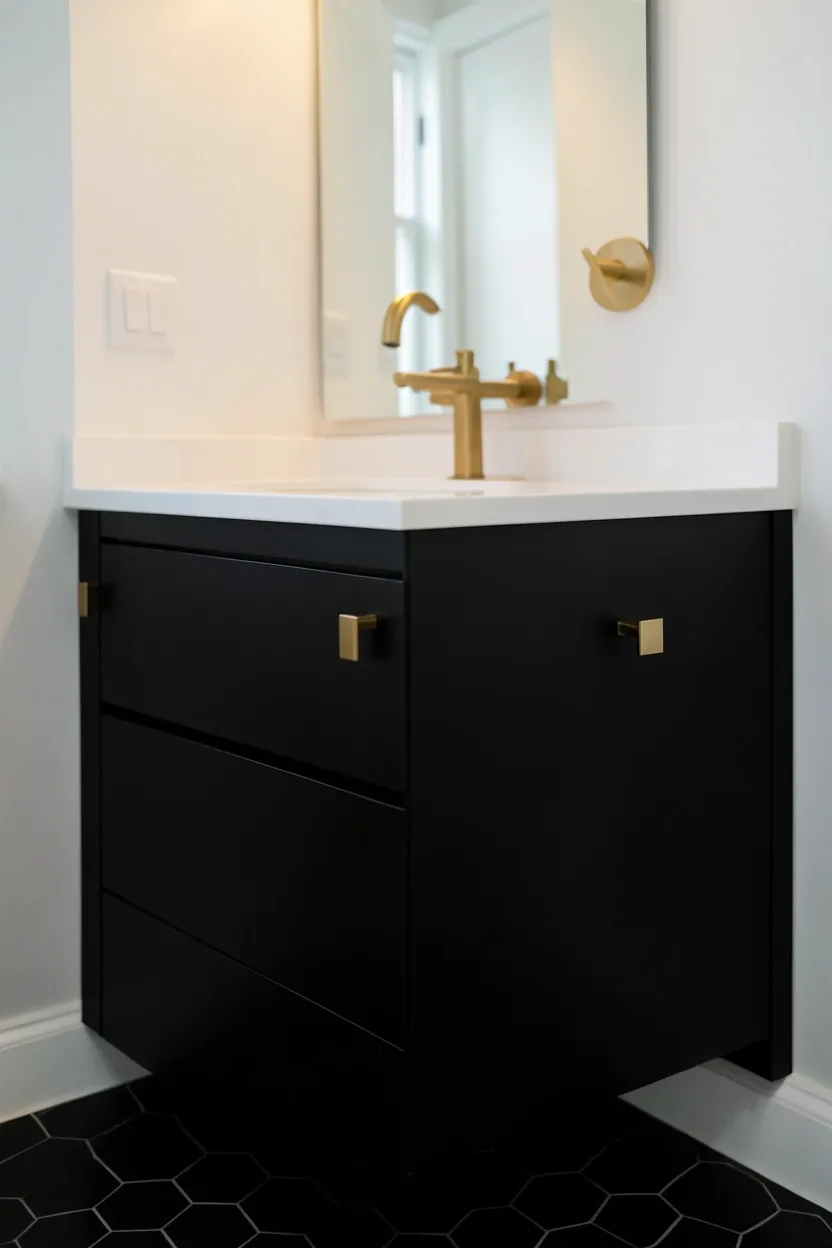 Black hexagon floor tiles with white grout in a modern bathroom with geometric honeycomb pattern