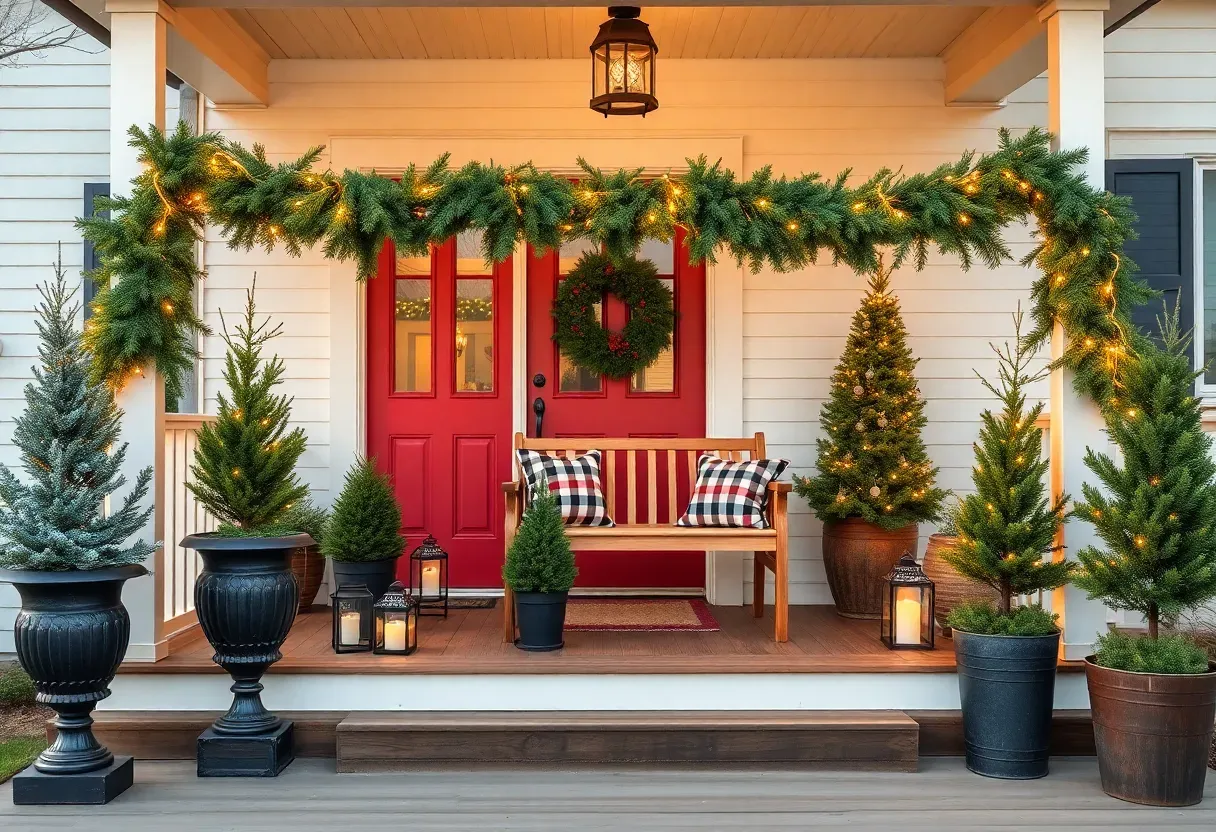 Charming front porch Christmas decor with wreaths and greenery