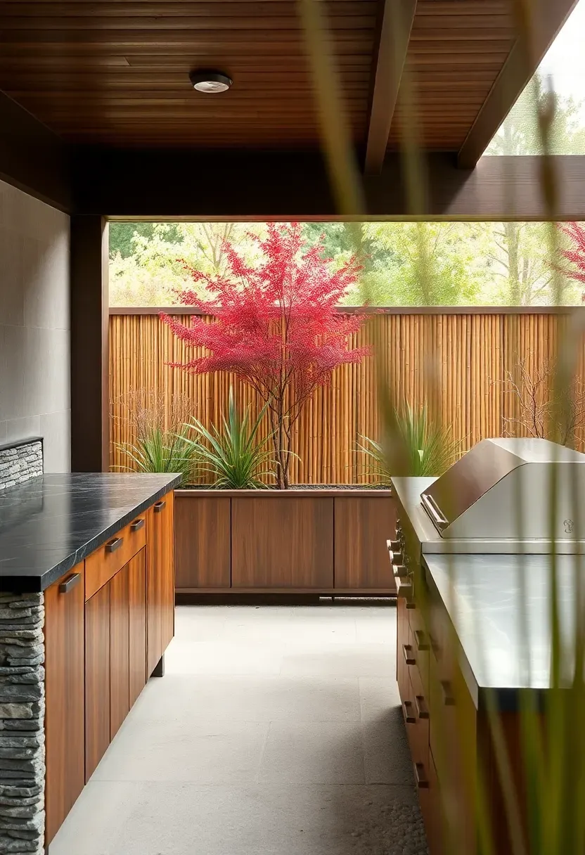 Hyper-realistic 3/4 view of a Zen-inspired outdoor kitchen with basalt stone countertop, shou sugi ban (charred wood) cabinetry, built-in teppanyaki grill, bamboo accent screen, and Japanese maple and ornamental grasses in background. Materials: basalt stone, charred cedar, bamboo, stainless steel grill. Soft diffuse light through bamboo, neutral palette with subtle red maple accent. Tranzen contemplative mood, shallow depth of field with sharp focus on stone texture and charred wood, raked gravel garden partially visible. No text, no logos, no watermarks.</p>