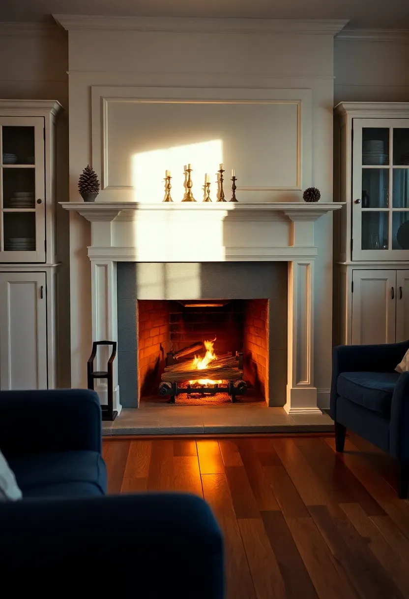 Hyper-realistic straight-on view of colonial fireplace as focal point in a small living room. Materials: painted white wooden mantel with colonial crown molding, bluestone hearth, cream firebox with birch logs, flanking built-in cabinet with glass doors. Warm firelight illuminating the room, casting shadows on mantel displaying colonial brass candlesticks and pinecones. Shallow depth of field showing mantel accessories and fire glow. Visible room context—wide-plank floors, navy sofa facing fireplace. Cozy colonial mood like historic tavern.</p>