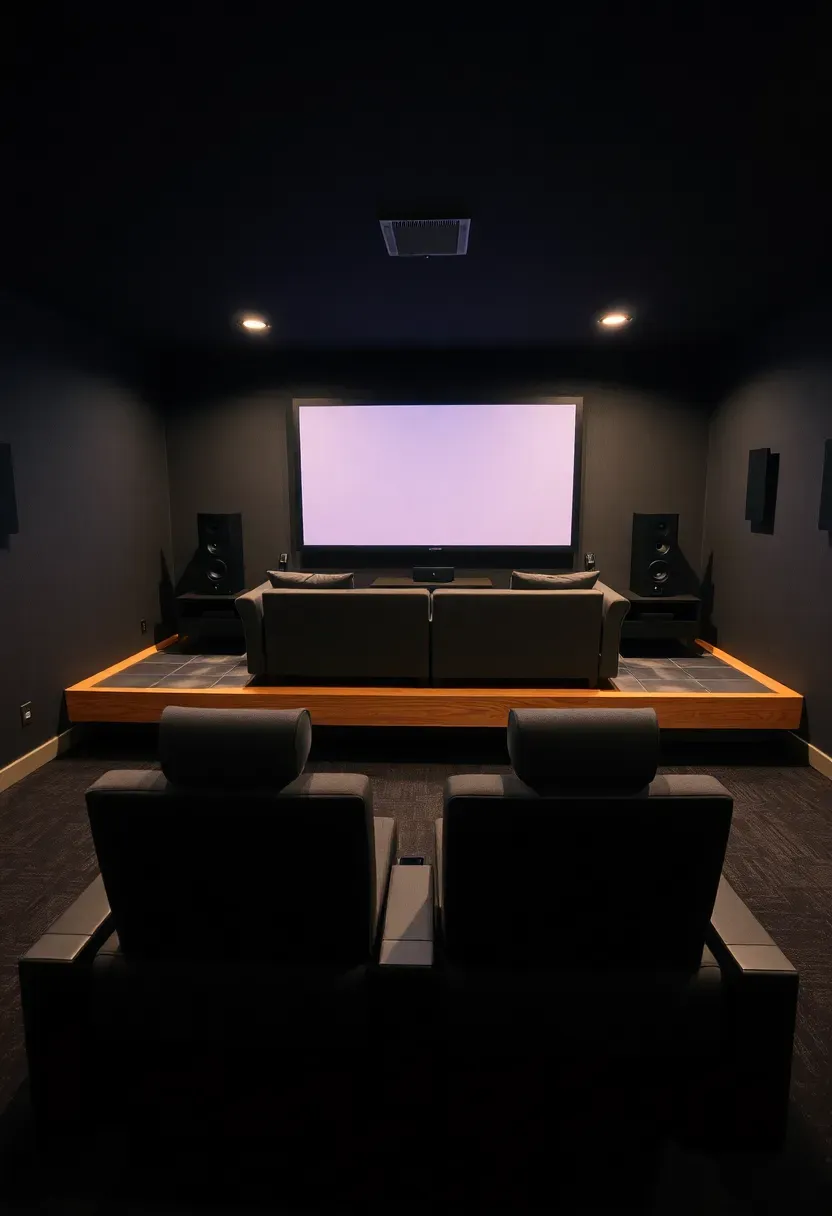 basement console gaming theater with tiered seating facing a large wall-mounted TV and surround sound speakers