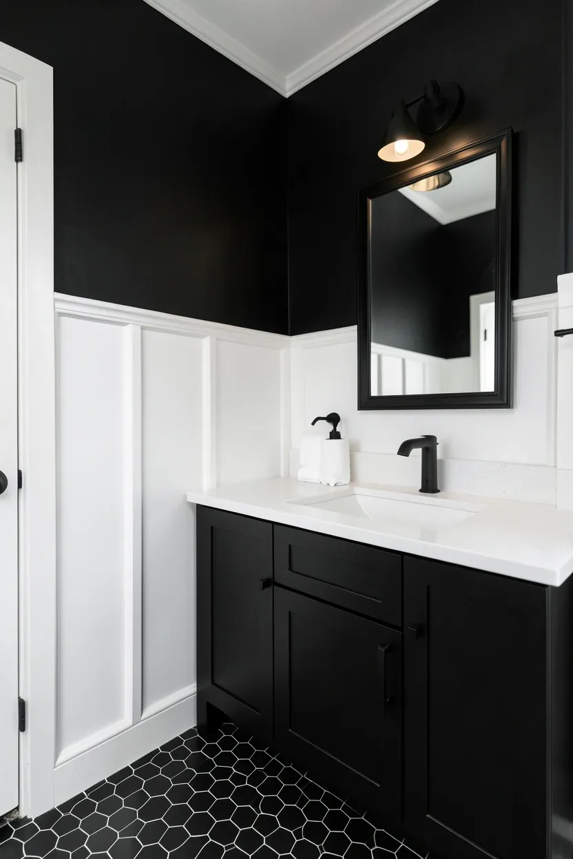 White panel wainscoting with picture-frame molding against black upper walls — transitional black and white bathroom