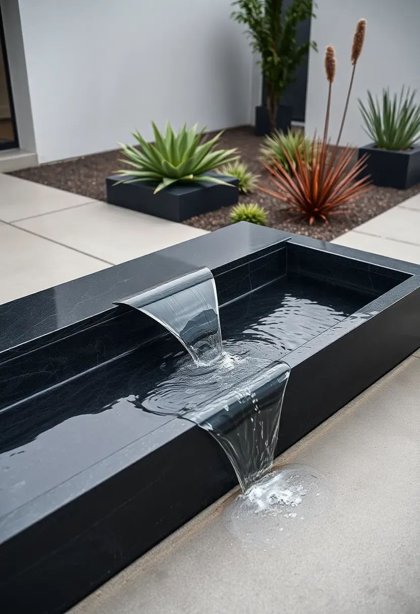 Small infinity edge catch basin water feature with water flowing over a dark polished edge into a narrow hidden channel in a modern minimalist backyard