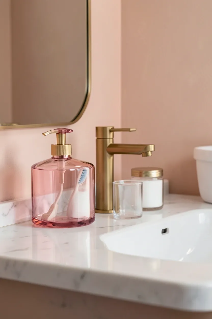 Pink glass soap dispenser, toothbrush holder, and storage jar grouped on marble vanity countertop in rental bathroom