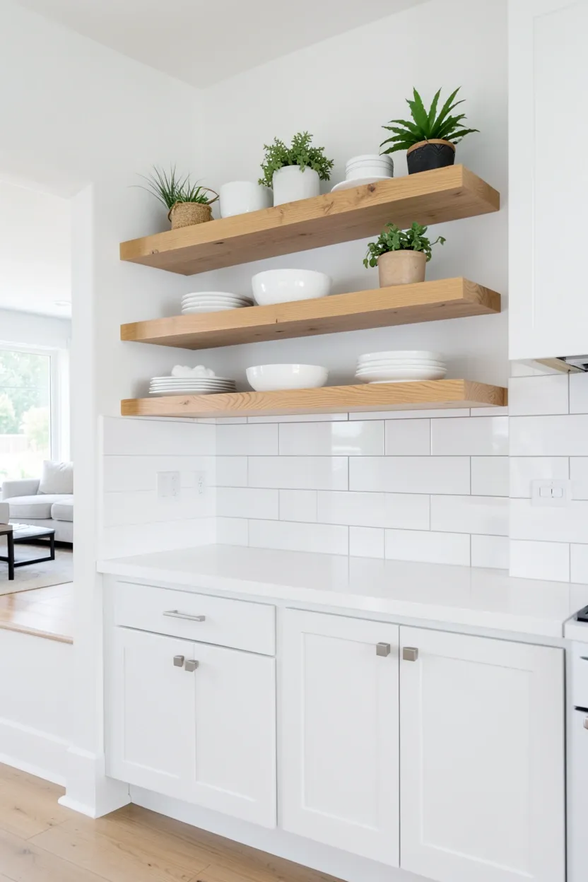 Light wood open shelving replacing upper cabinets in a white rental kitchen, displaying white dishes and small plants for a Scandinavian look