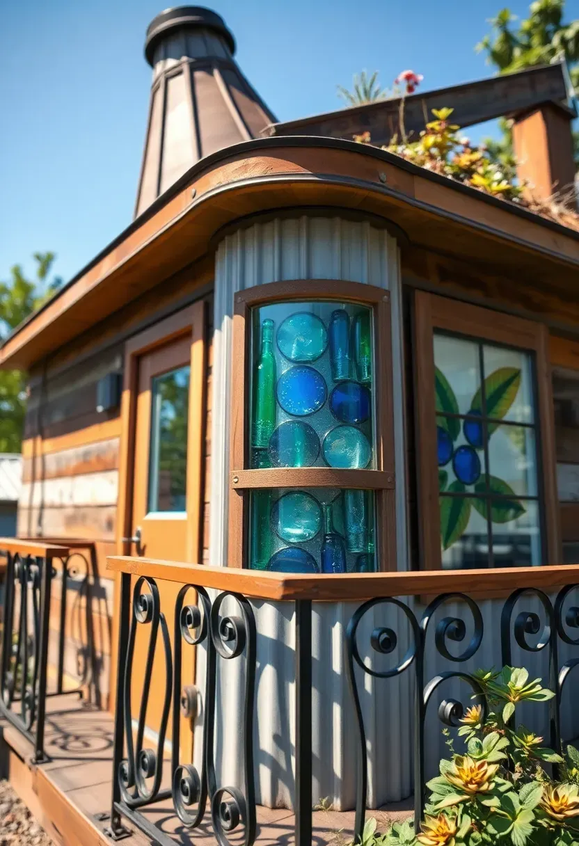 Hyper-realistic exterior view of artistically designed tiny house featuring unique architectural elements including rounded corner tower with conical roof, decorative recycled bottle windows creating colored light patterns, and custom metalwork railings with artistic scrollwork. Materials: mixture of reclaimed wood and corrugated metal, artistic bottle windows with blue and green glass creating decorative patterns, custom metalwork with scroll designs, living roof with succulents and wildflowers. Bright natural daylight showing artistic design details clearly, soft shadows highlighting unique architectural features. Shallow depth of field focusing on bottle window detail and rounded tower, overall house design visible in background showing artistic personality. Artistic personalized home aesthetic. No text, no logos, no watermarks.</p>