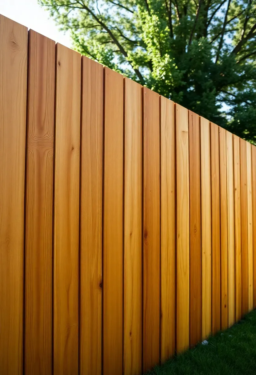 Tall board-on-board cedar fence with alternating overlapping planks creating a solid privacy barrier along a green backyard
