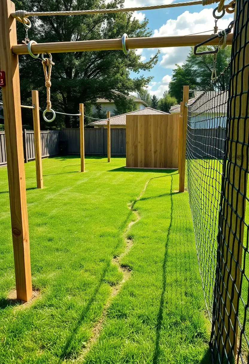 Backyard DIY ninja warrior course with hanging rings, rope climb, warped wall section, and balance obstacles on green lawn