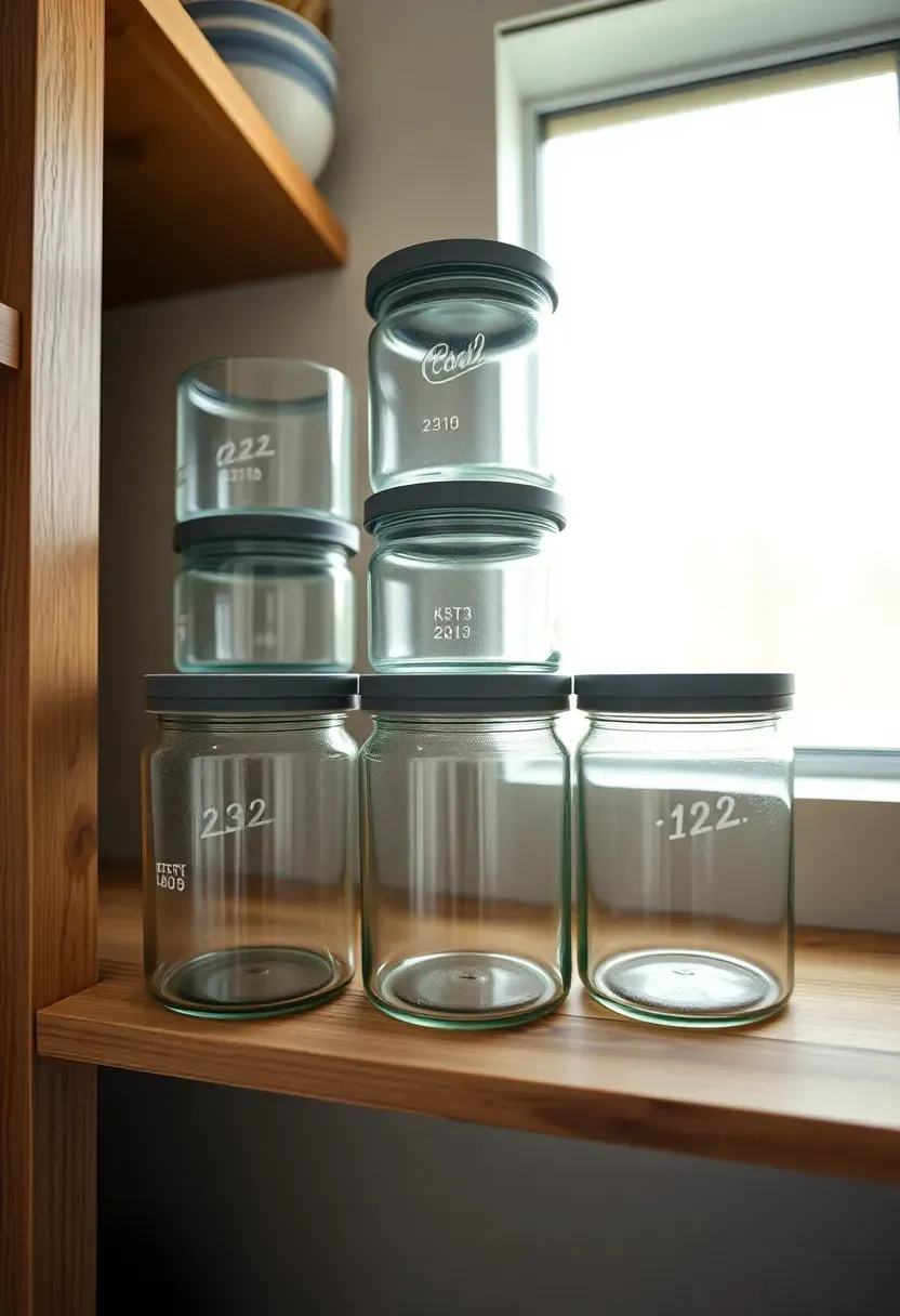 Pantry shelf with five stackable airtight glass canisters in two neat columns, silicone gasket lids, date-stamped stickers on the sides, slight condensation on one canister, painted pantry wall in background