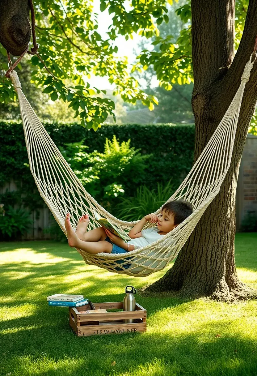 A child reading a book in a cotton hammock strung between two backyard trees, with a small wooden crate side table holding a water bottle and more books