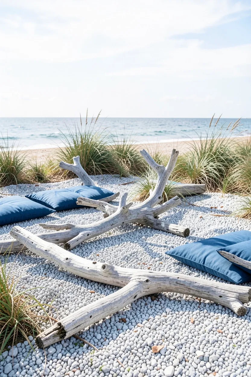 Coastal Gravel Patio with Driftwood