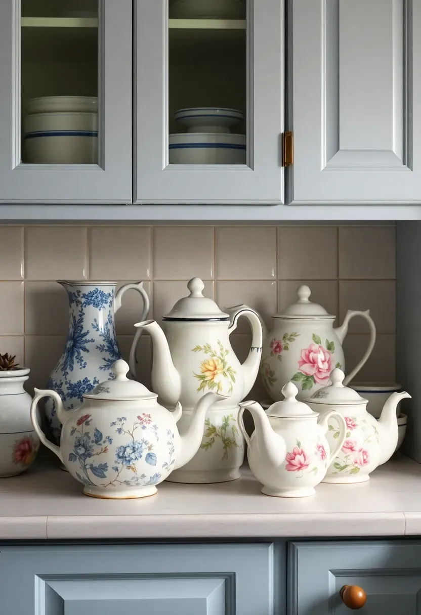 Cottage-style teapot collection with floral patterns displayed above kitchen cabinets