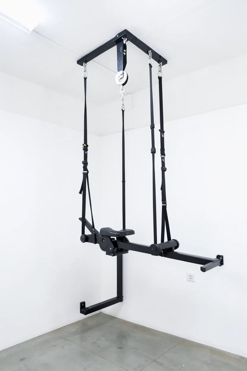 Ceiling suspension system hoisting a folded stationary bike to the ceiling, reclaiming gym room floor space