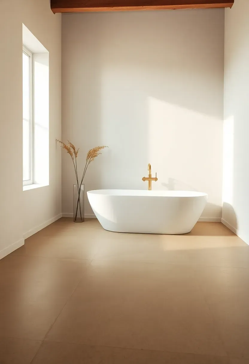 Seamless microcement bathroom floor in warm greige with minimalist freestanding tub and brass fixtures