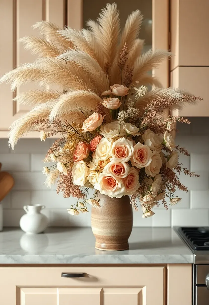 Dried flower arrangements with pampas grass in tall stoneware vases above cabinets