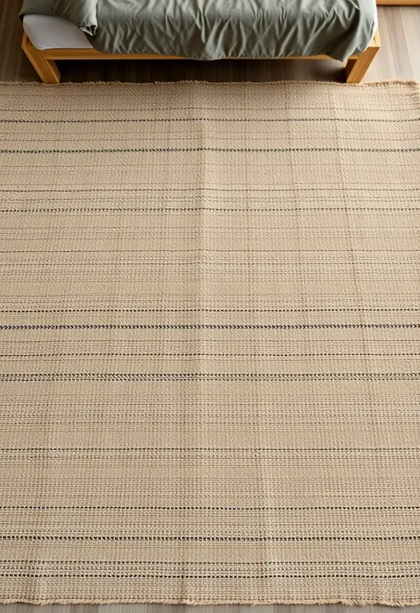 Large natural jute or wool rug covering most of bedroom floor