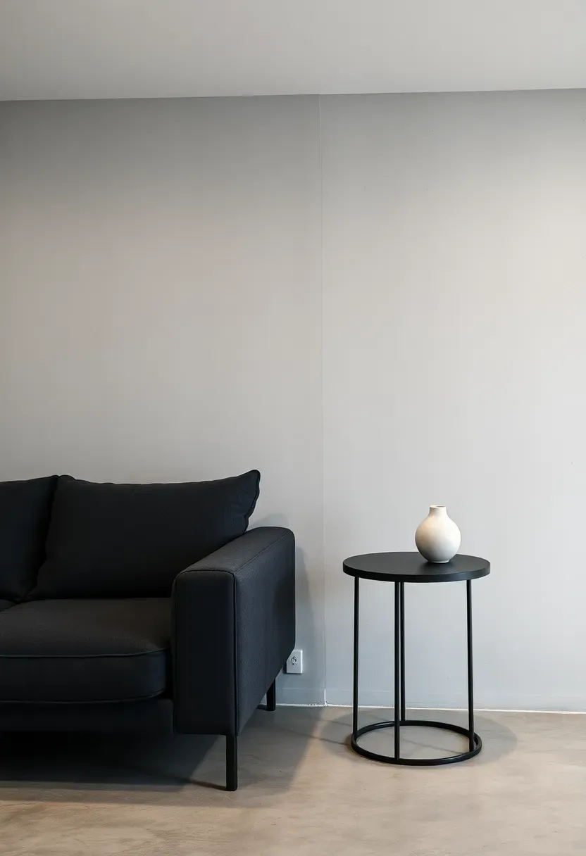 smooth cement board wall with gray skim coat finish in a modern basement living area with minimalist furniture