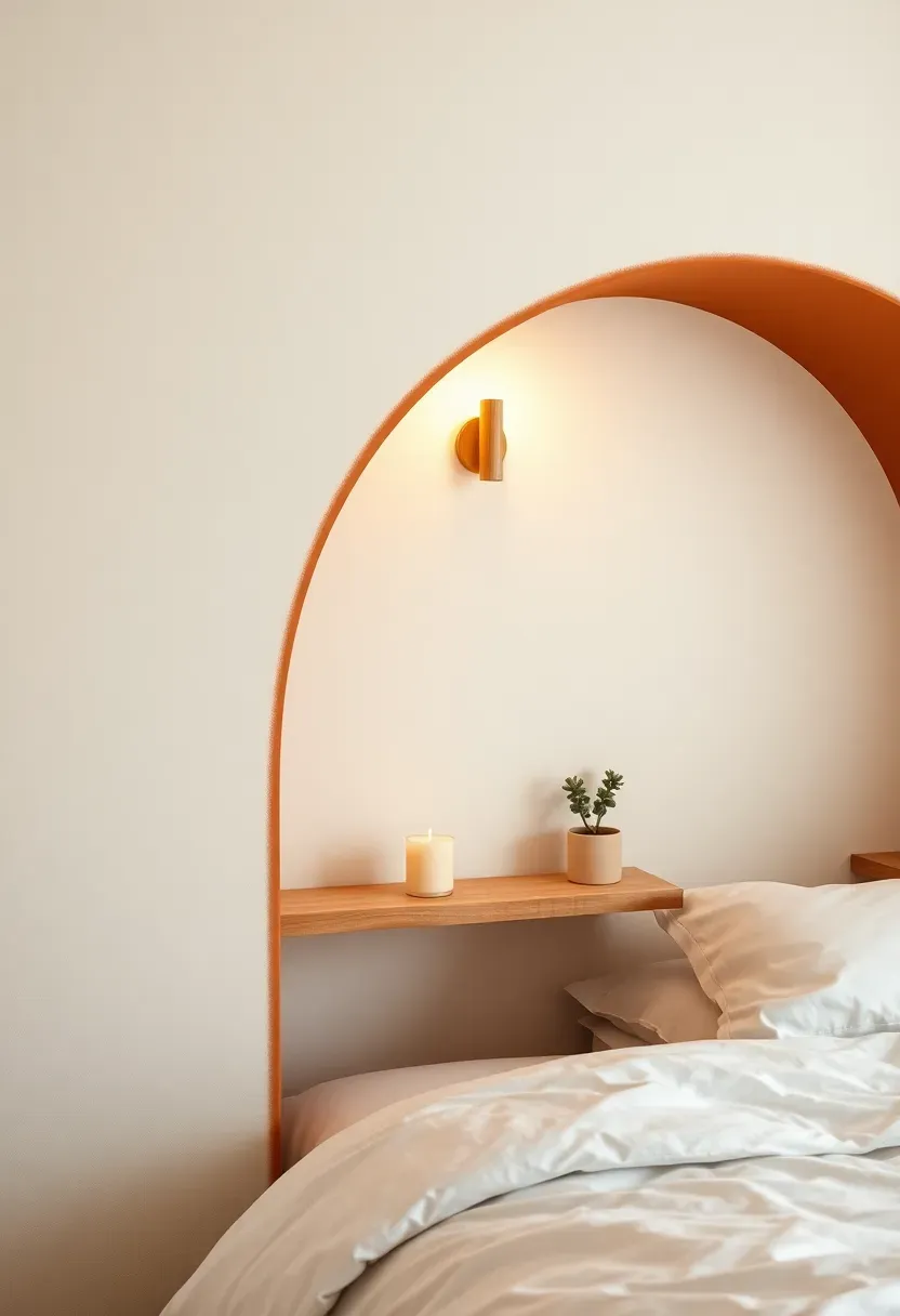 whimsical bedroom with a painted arch nook on the accent wall in terracotta framing the bed area with floating shelves inside the arch and soft lighting