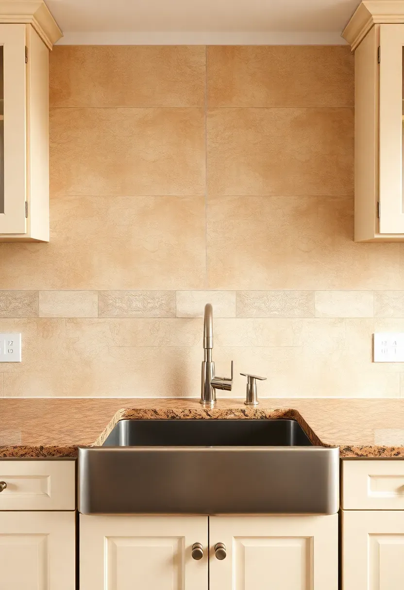 warm beige travertine field tiles as kitchen backsplash behind sink with fantasy brown granite counters and cream cabinets
