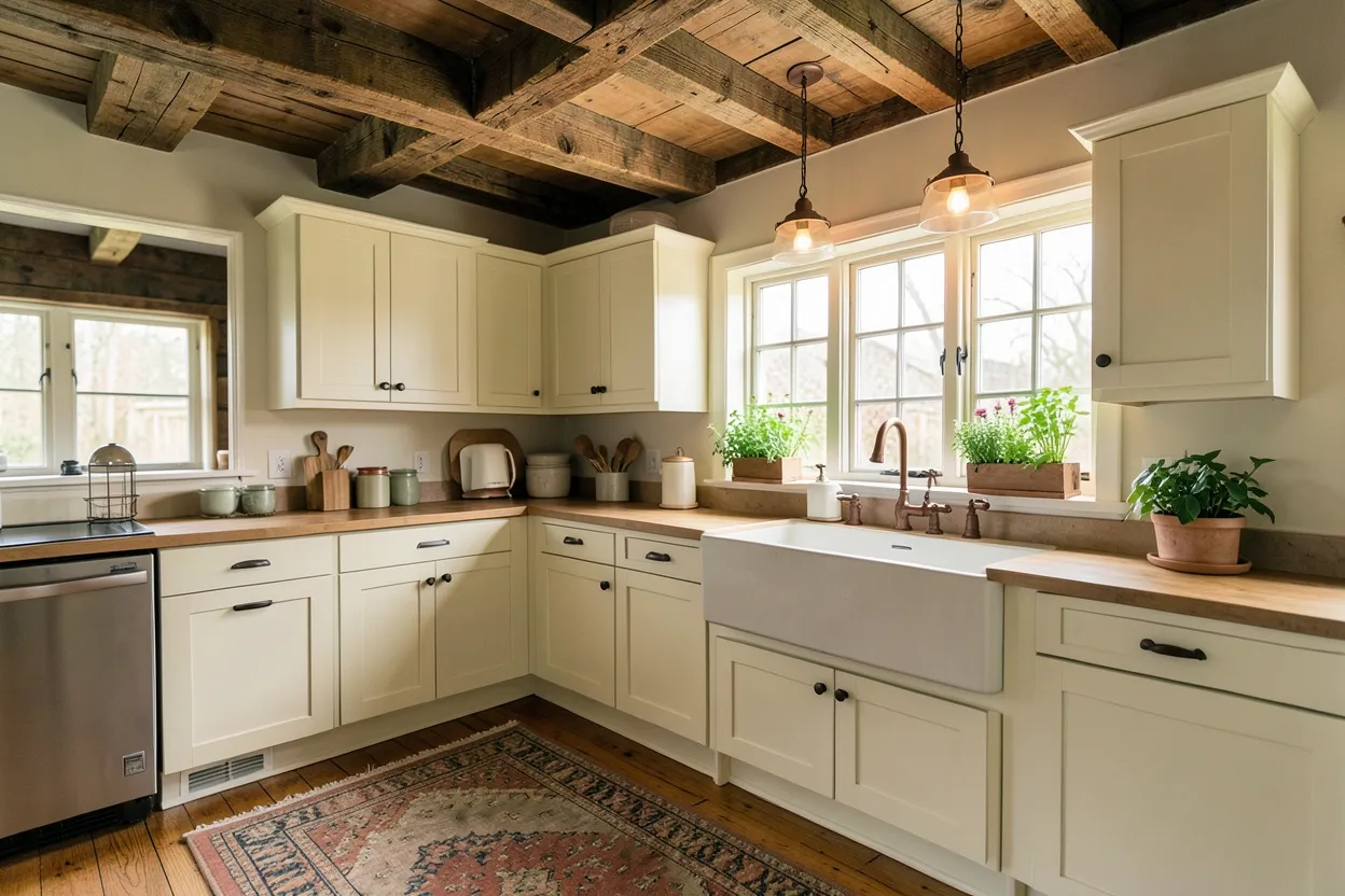 Bright rustic farmhouse kitchen with reclaimed wood beams, open shelving, and apron-front sink