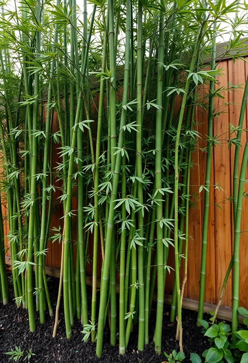 Clumping bamboo planted along a backyard fence forming a tall green privacy screen without invasive spreading in a modern garden