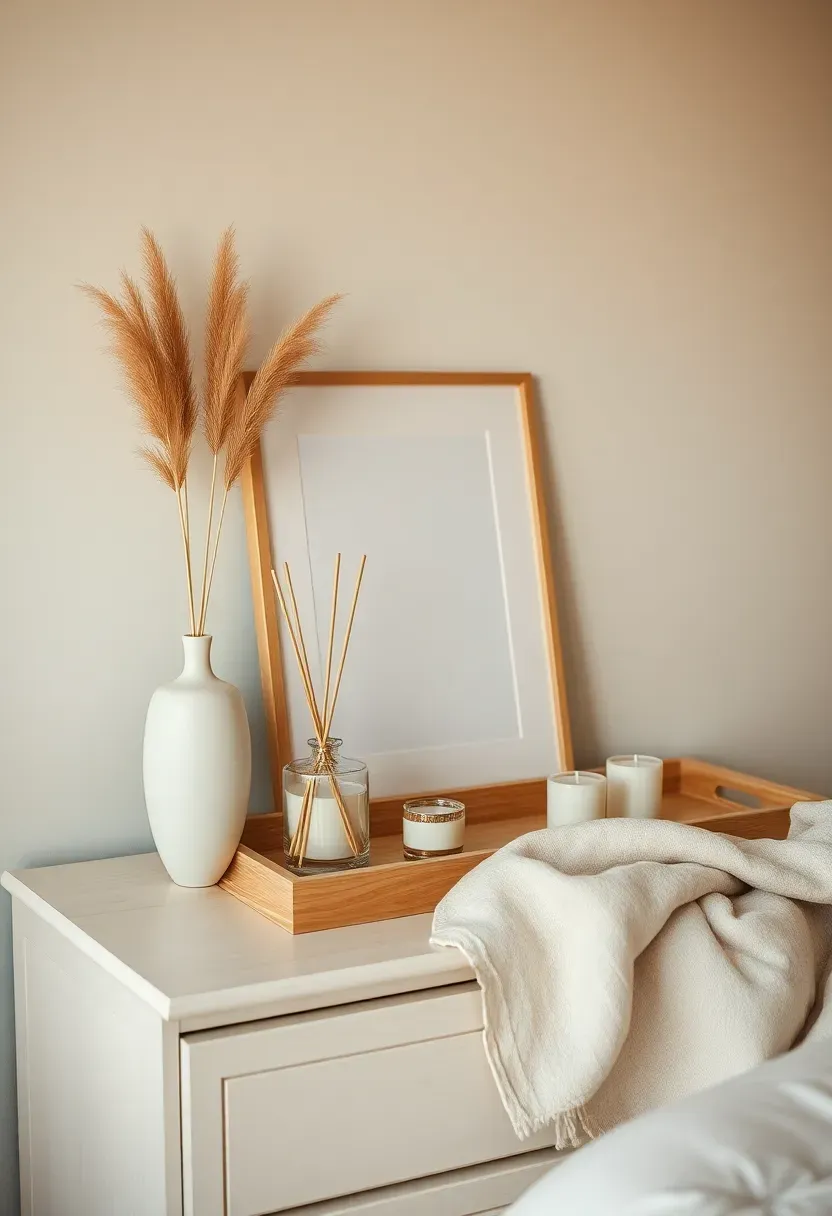 Small bedroom dresser top styled with affordable accessories: a matte white ceramic vase with dried pampas grass, a small framed art print leaning against the wall, a light oak tray with a reed diffuser and two candles