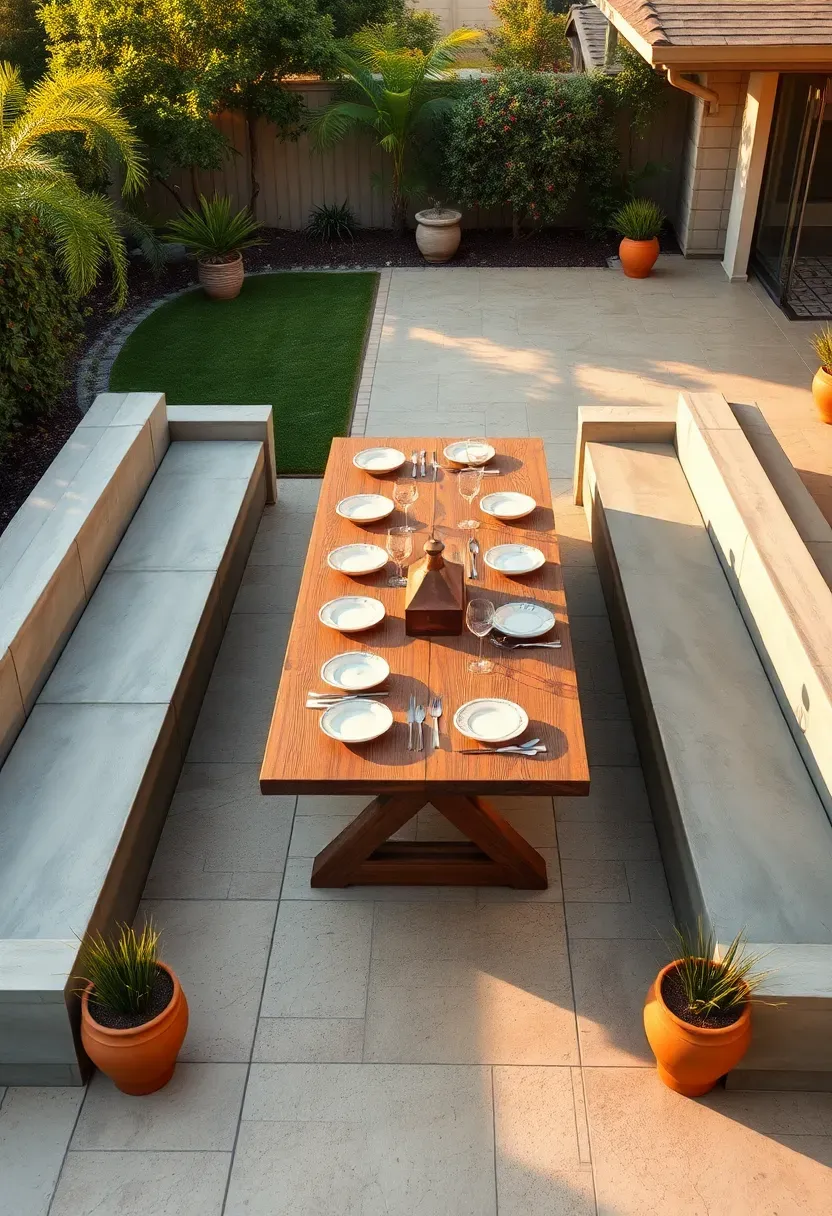 U-shaped backyard layout with built-in bench seating forming three sides of a rectangle around a large outdoor dining table on a travertine patio