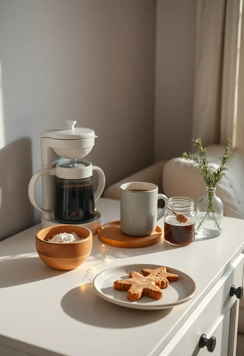 Hyper-realistic slightly elevated shot of holiday coffee station on white painted sideboard: white pour-over coffee maker, three ceramic mugs in cream and gray, small wooden bowl with rock sugar, glass jar with honey dipper, plate with two gingerbread cookies, tiny strand of warm white LED lights around base of coffee maker, small glass vase with two sprigs of pine. Sideboard against light gray wall, portion of living room visible beyond. Materials: ceramic, glass, wood, painted wood, fresh pine, LED lights. Soft morning light (4800K) from nearby window creating gentle shadows on surfaces, cozy ritual mood like Kinfolk magazine, shallow depth of foreground station, composition showing intentional arrangement of daily items. No text logos watermarks.</p>