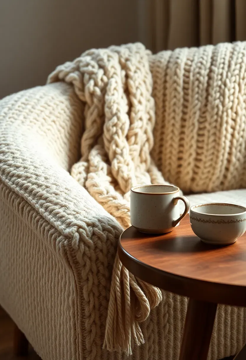 Close-up of a plush cream bouclé armchair with a chunky knit throw draped over one arm, beside a walnut side table with a ceramic mug