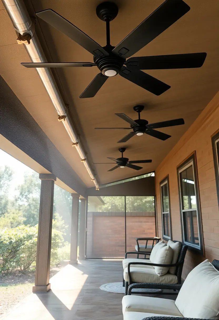 Patio misting system installed along the edge of a covered Texas porch with fine water mist visible, outdoor fans, and comfortable lounge seating