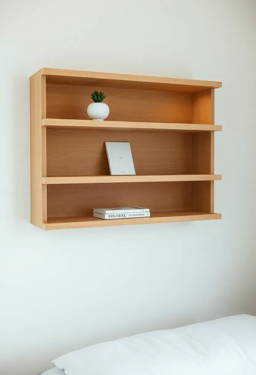Floating light oak shelves with minimal curated objects