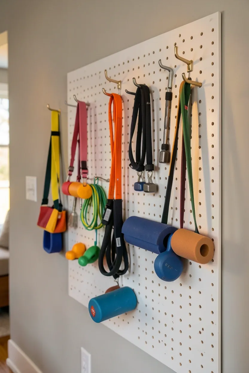 White pegboard wall organizer with custom hooks holding resistance bands, foam roller, and jump rope — renter-friendly home gym storage idea